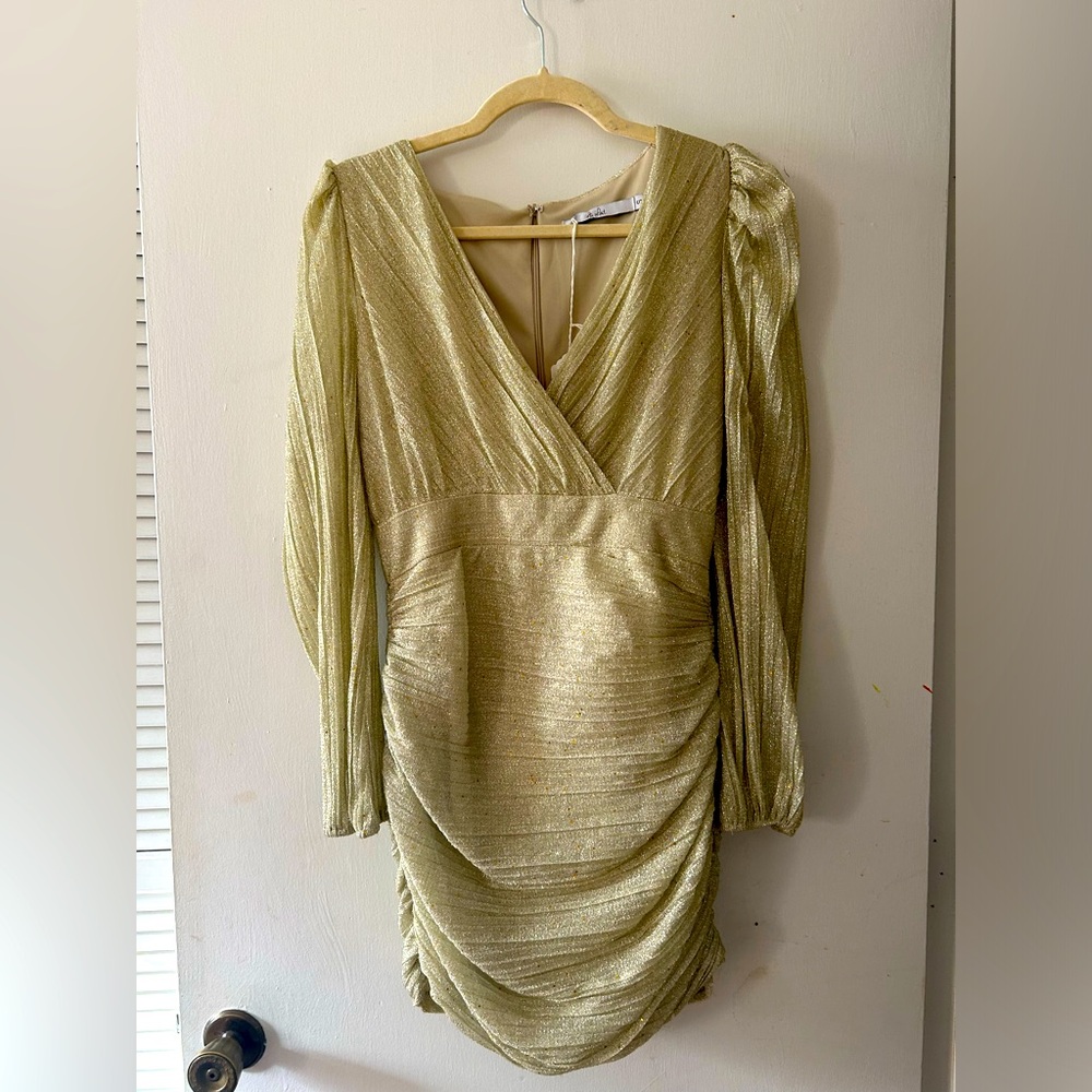 Women's Au Lait Gold Shimmer Sparkle Long Sleeve V neck Cocktail Dress Size Sm